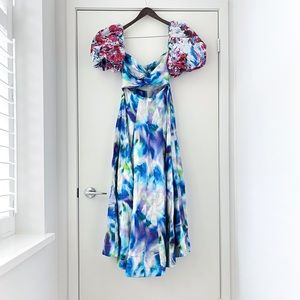 Anthropologie Blue Multi-Color Puff-Sleeve Maxi Dress
